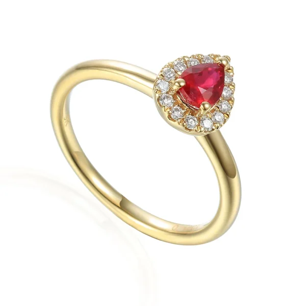 Buy 18ct Yellow Gold 0.48ct Pear Cut Ruby Ring With 0.12ct Diamond Halo