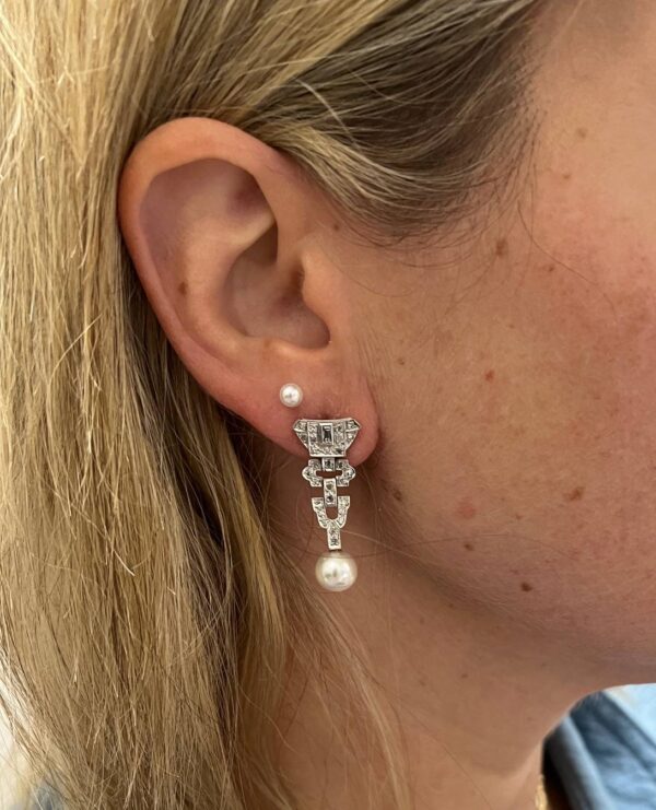 Art Deco Platinum Natural Diamond & Pearl Dangle Drop Earrings - Image 5