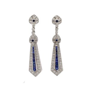 18 Karat White Gold Natural Diamond & Blue Sapphire Dangle Drop Earrings
