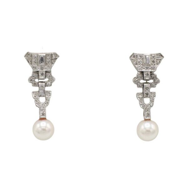 Art Deco Platinum Natural Diamond & Pearl Dangle Drop Earrings