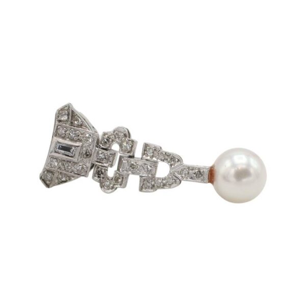 Art Deco Platinum Natural Diamond & Pearl Dangle Drop Earrings - Image 2