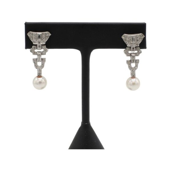 Art Deco Platinum Natural Diamond & Pearl Dangle Drop Earrings - Image 4