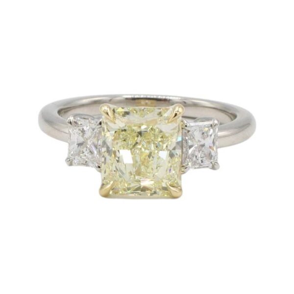 GIA Certified 2.09 Carat Light Yellow Radiant Three-Stone Natural Diamond Engagement Ring