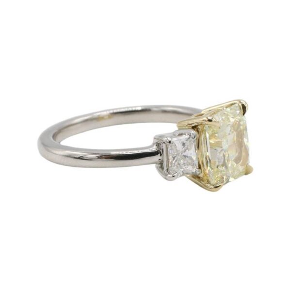 GIA Certified 2.09 Carat Light Yellow Radiant Three-Stone Natural Diamond Engagement Ring - Image 2