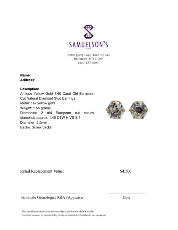 Antique Yellow Gold 1.40 Carat Old European Cut Natural Diamond Stud Earrings - Image 5