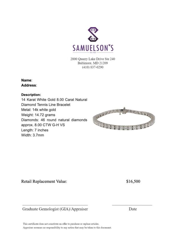 14 Karat White Gold 8.00 Carat Natural Diamond Tennis Line Bracelet - Image 5